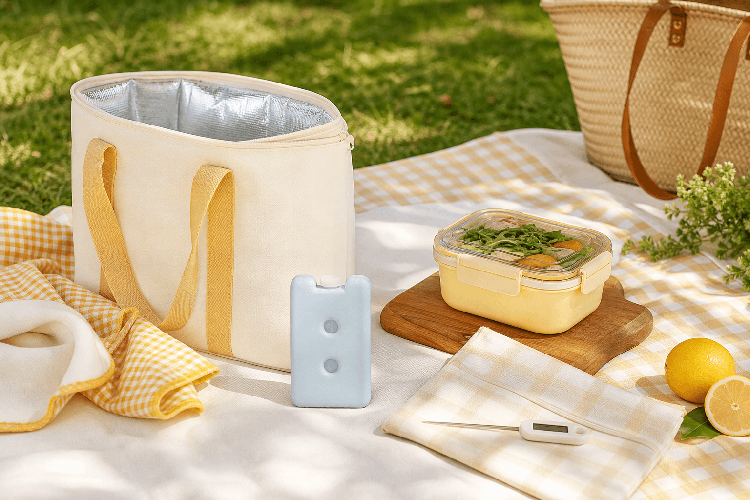 Insulated materials, a sealed ice pack and food container shown for care guidance