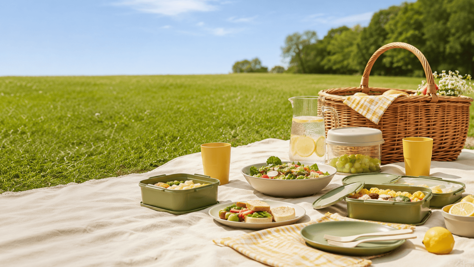 A complete reusable outdoor table laid across a sunlit meadow