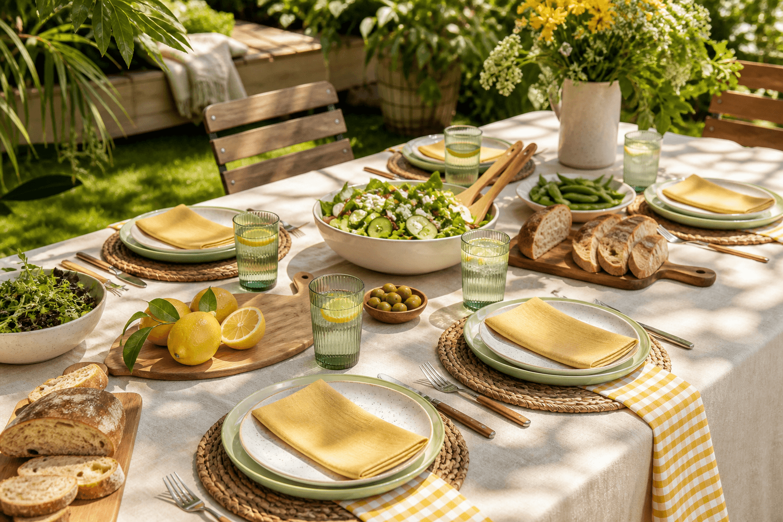 A long reusable garden table setting prepared for a group
