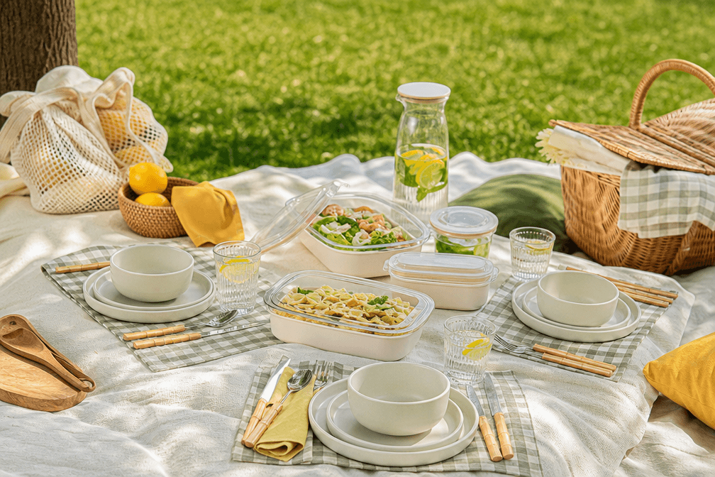 A reusable picnic setting prepared in a bright park