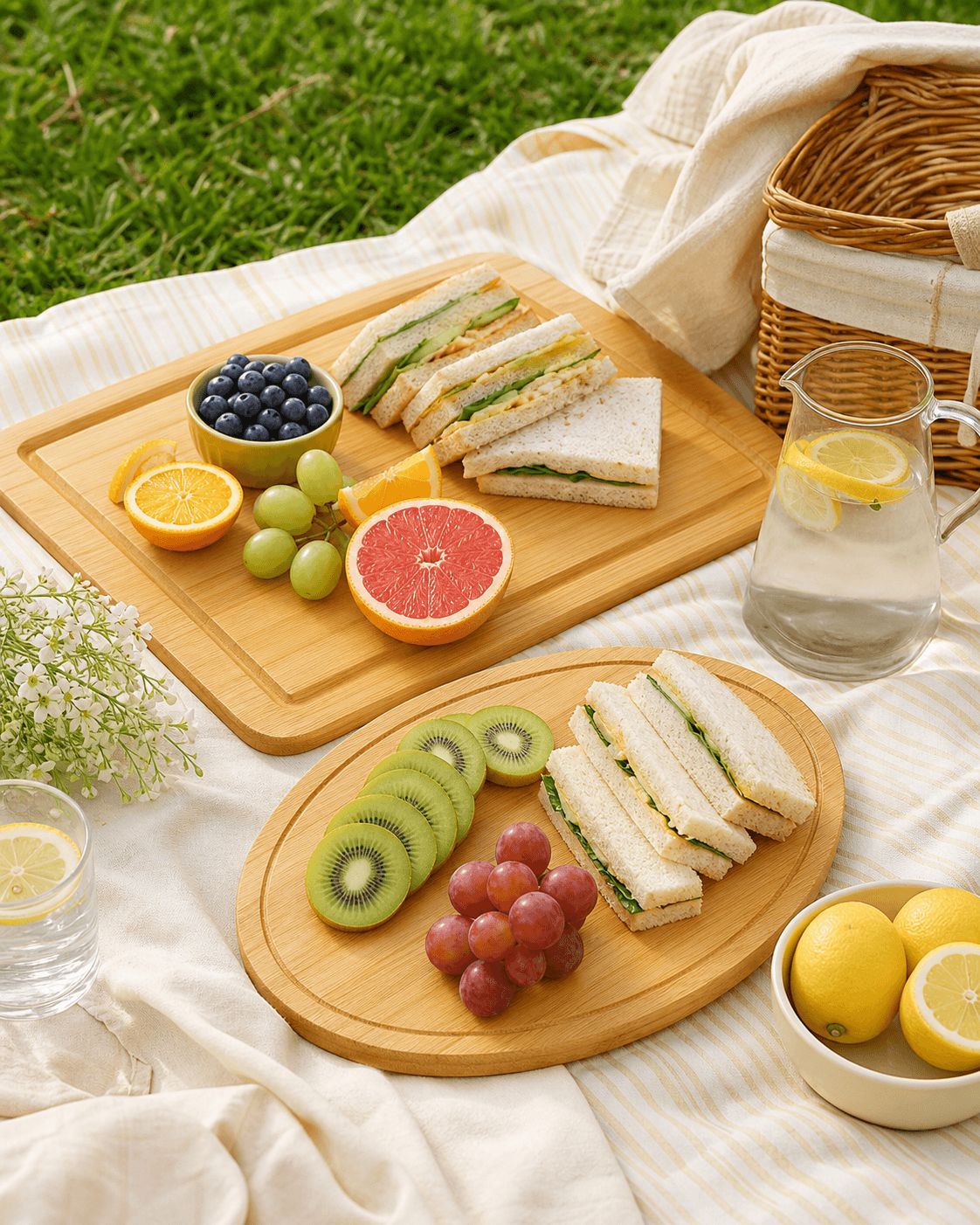 Bamboo Serving Board Duo arranged for an outdoor table