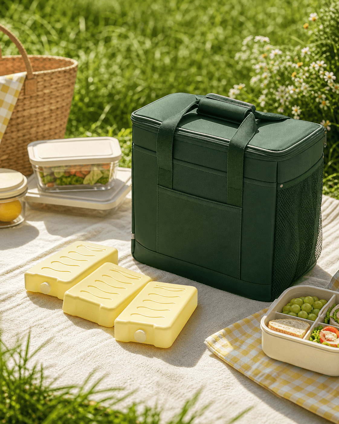 Cool Bag + Ice Pack Set arranged for an outdoor table