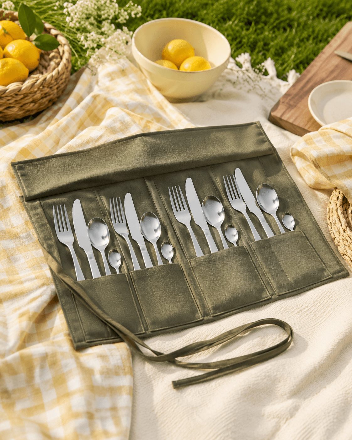 Cutlery Roll Set 4-Person arranged for an outdoor table