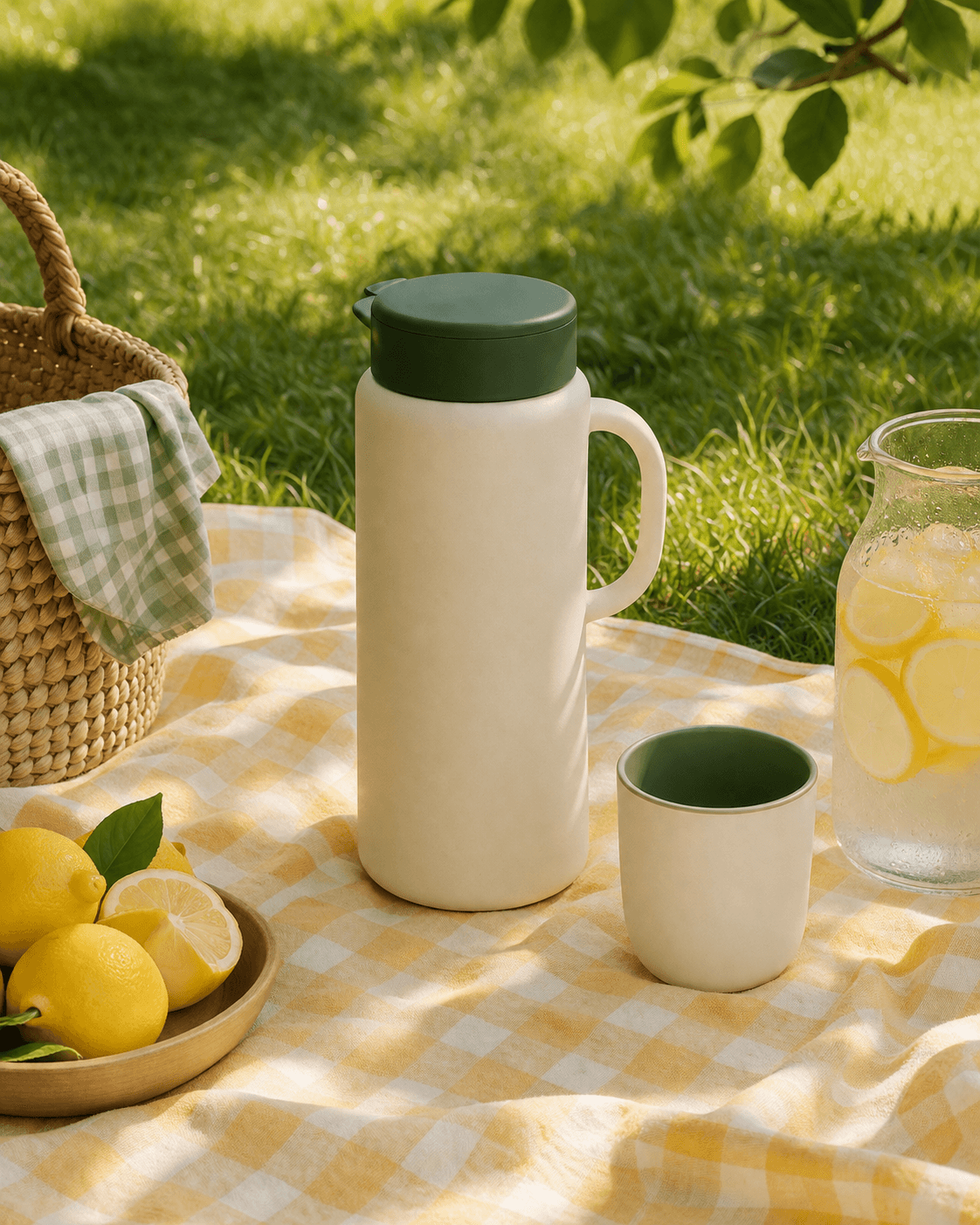 Insulated Flask 1L arranged for an outdoor table