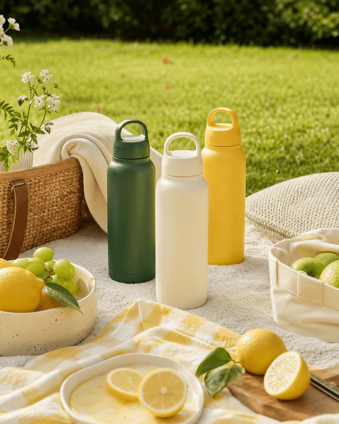 Reusable Water Bottle Trio arranged for an outdoor table