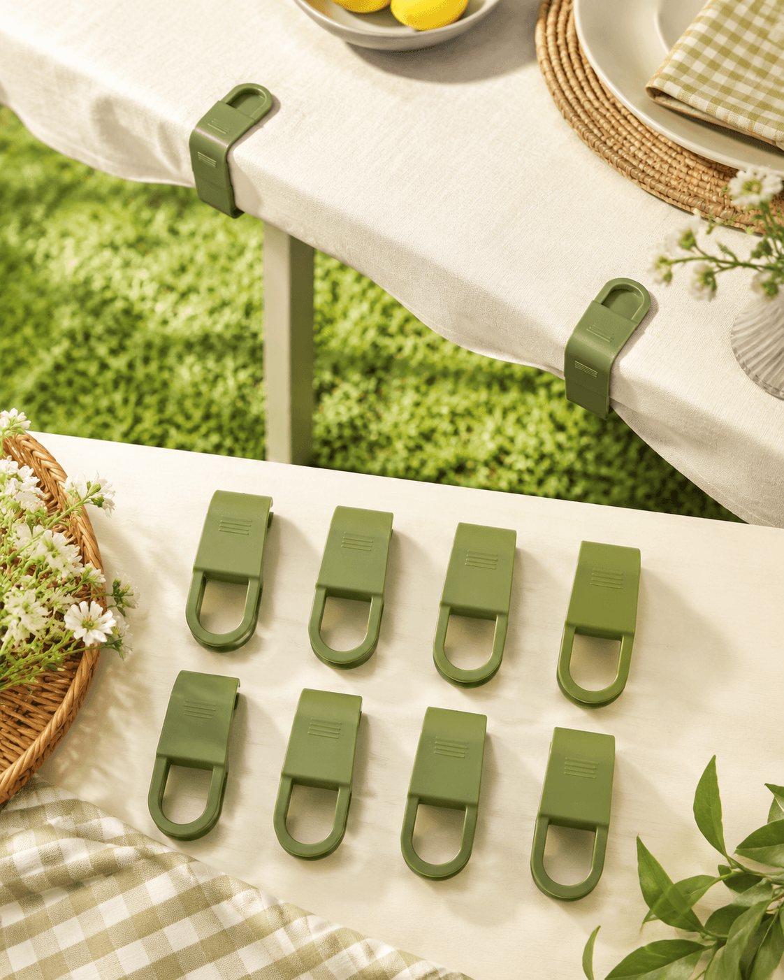 Windproof Tablecloth Clips 8-Pack arranged for an outdoor table
